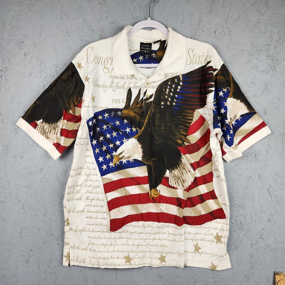 Vintage Cotton Traders Polo Shirt Mens Large Flag Bald Eagle Graphic Patriotic